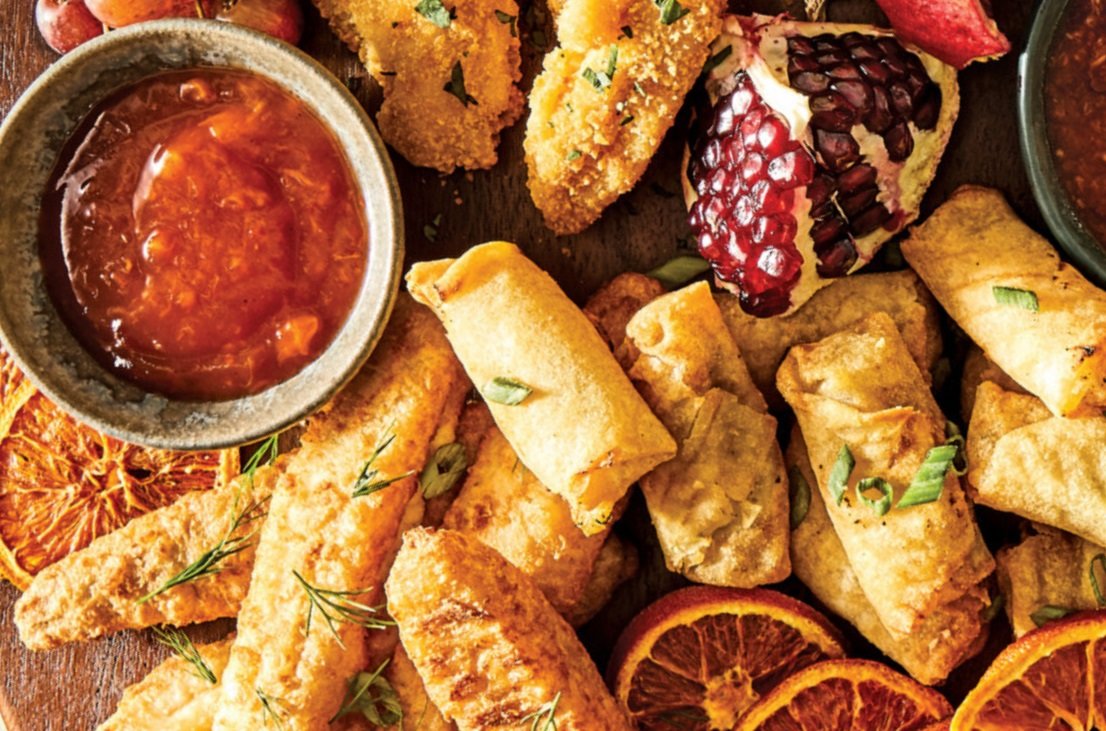 Chicken Spring Rolls and Mini Vegetable Spring Rolls with Sweet and Sour Dipping Sauce