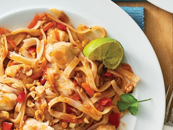Gluten-Free Chicken Pad Thai on a white plate