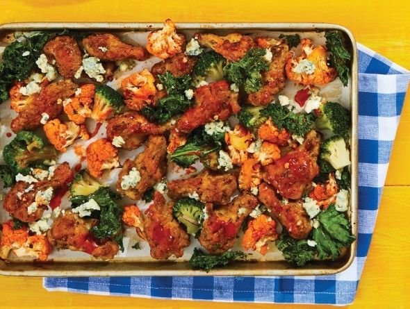 Spicy Roasted Wings and Greens with Blue Cheese