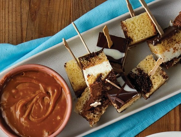 Too Tall Cake Skewers with Caramel Sauce