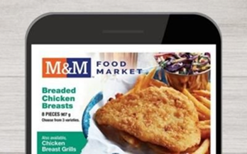 Front page of an M&M Food Market flyer viewed on a mobile phone