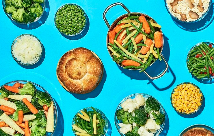 A group of frozen bread and frozen vegetable dishes