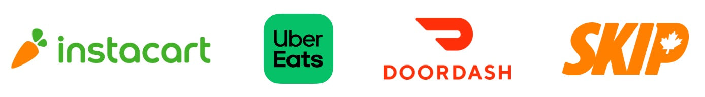 Logos of Instacart, Uber Eats, Doordash, and Skip on a white background