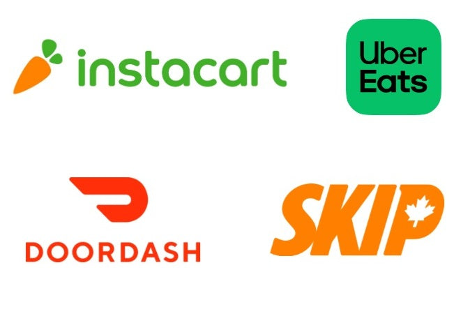 Logos of Instacart, Uber Eats, Doordash, and Skip on a white background