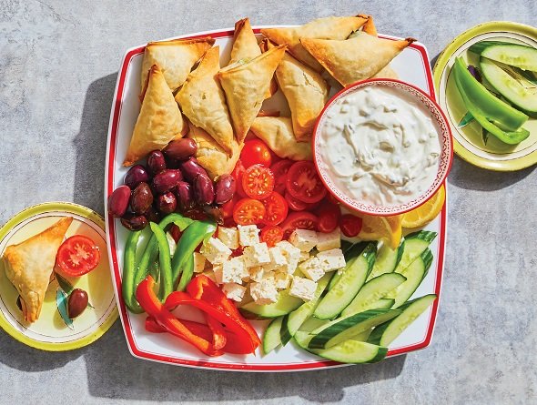 Platter of veggies and our made-from-frozen Spanakopita.