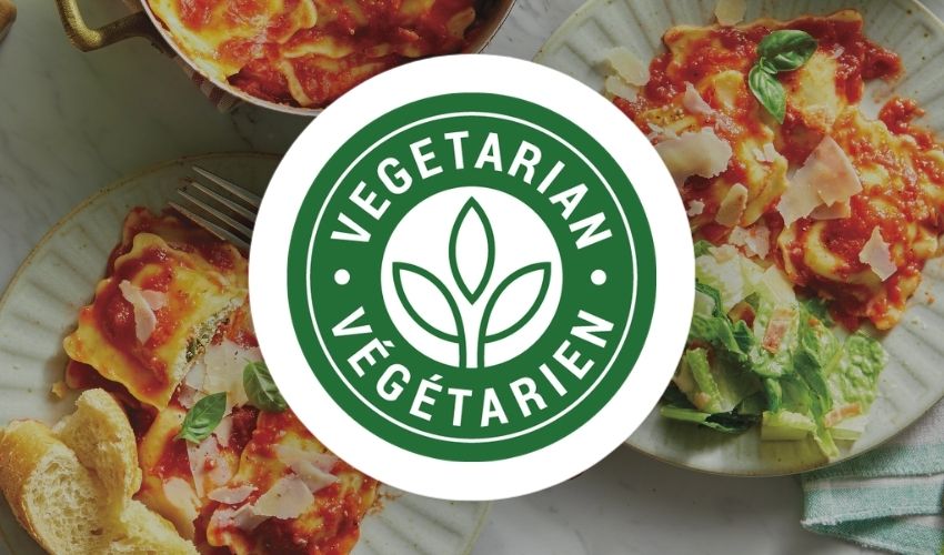 Plates of vegetarian pasta with a 'Vegetarian' logo overlay.
